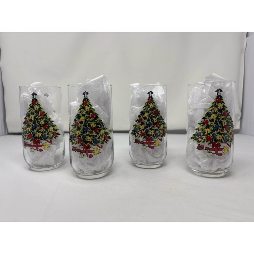 Vintage 16oz Glass Tumblers By Carlton Set 4 Christmas Tree Angel Toys Holiday
